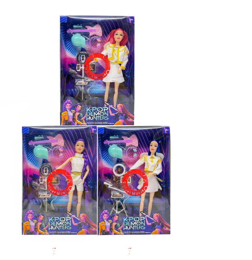 Generation 2 K-POP Demon Hunter with light and music 11.5 inch 12-joint solid Demon Hunter girl group with roller skates, badminton set and racing car