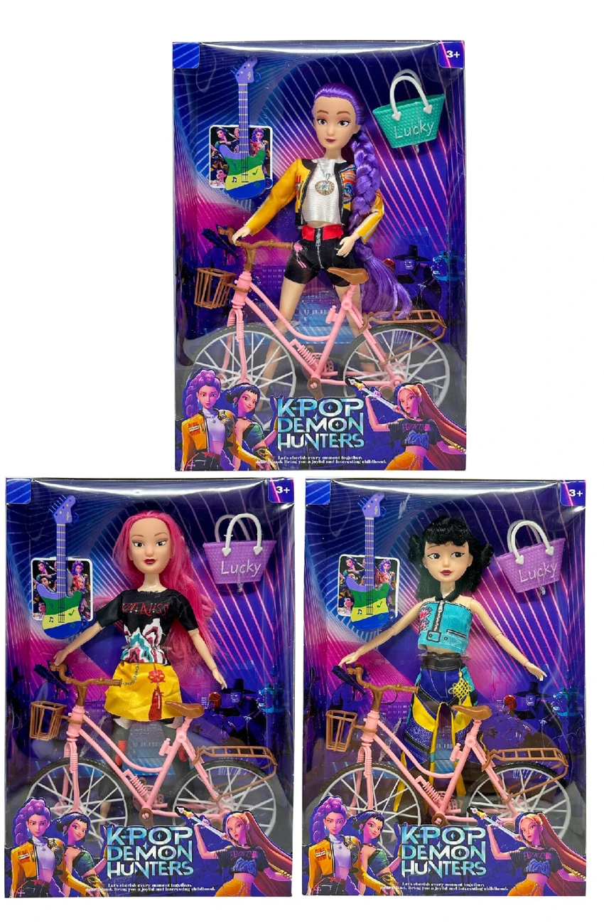 Edisi Mattel generasi pertama K-POP setan berburu 11,5 inci 12 sendi kelompok setan berburu, dengan sepeda, gitar dan tas tangan