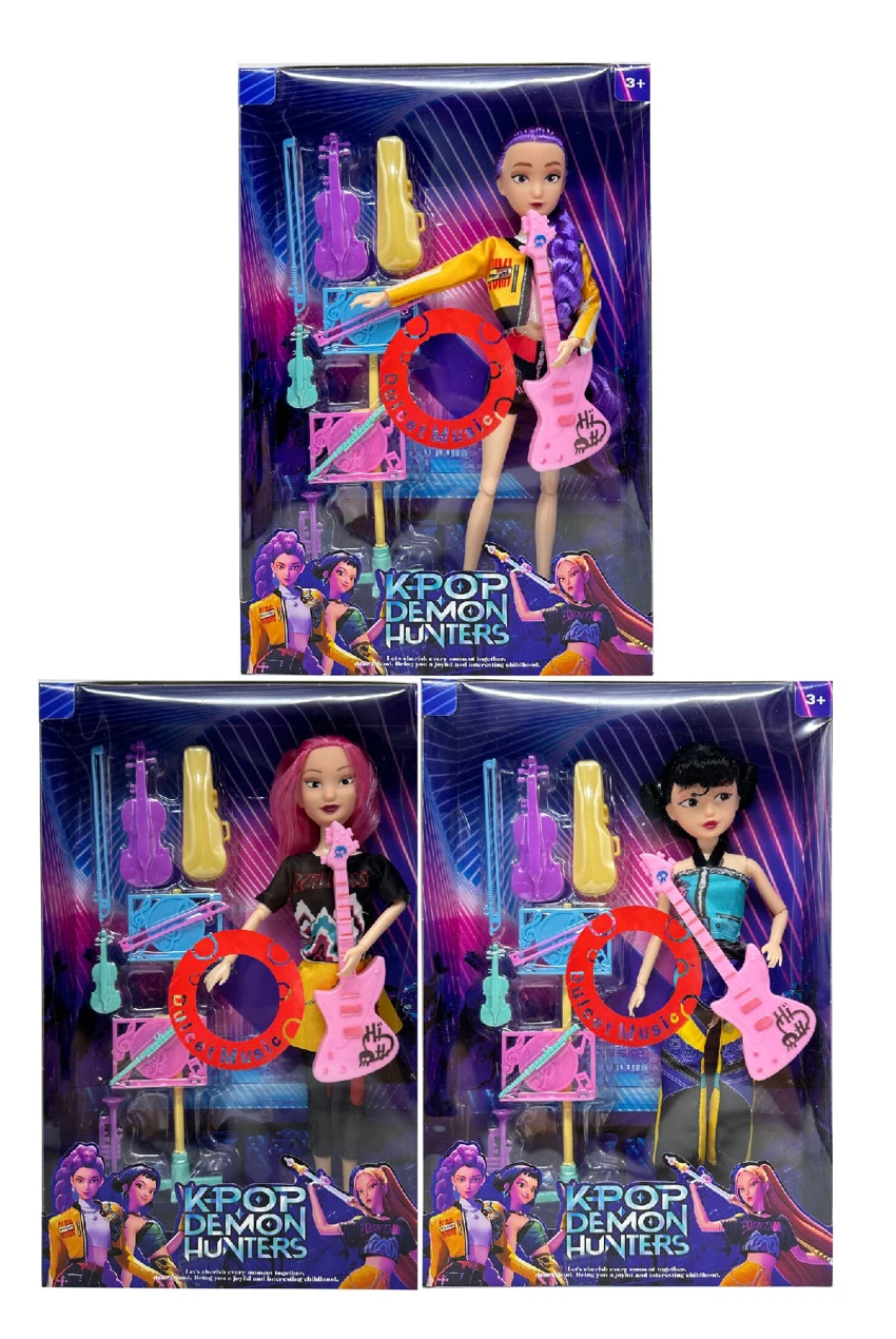 Generation 1 K-POP Demon Hunter with light and music 11.5 inch 12-joint solid Demon Hunter girl group with guitar and musical instrument set