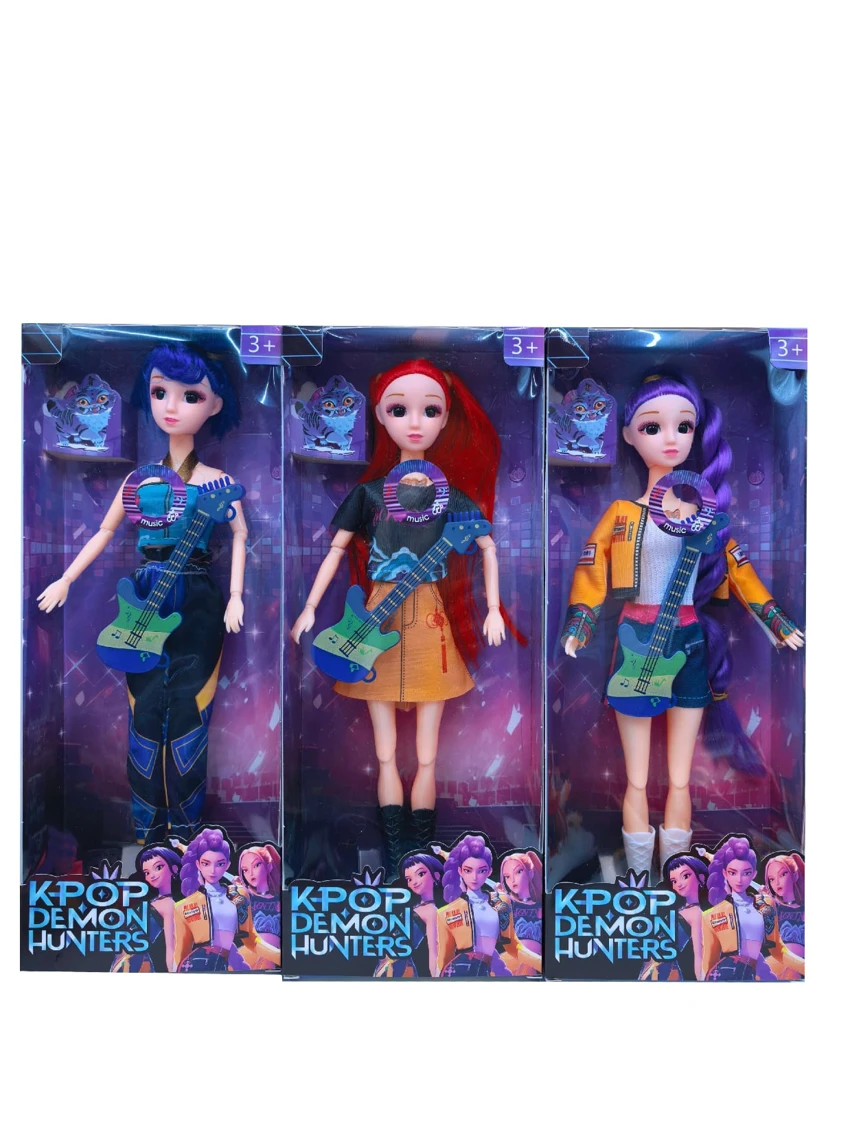 Real eyes K-POP Demon Hunter girl group animation version 11.5 inch 12-joint solid with colorful lights and theme song Rumi, performing Barbie with one golden card and rock guitar