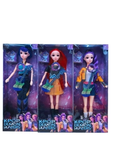 Real eyes K-POP Demon Hunter girl group animation version 11.5 inch 12-joint solid with colorful lights and theme song Rumi, performing Barbie with one golden card and rock guitar