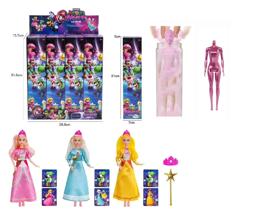 Water color changing 11.5 inch 11-joint solid Super Mario princess, 4 styles 12PC assorted with crown, magic wand and card