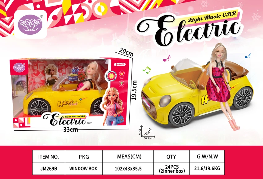 Kereta elektrik berwarna kuning lemon dengan Barbie