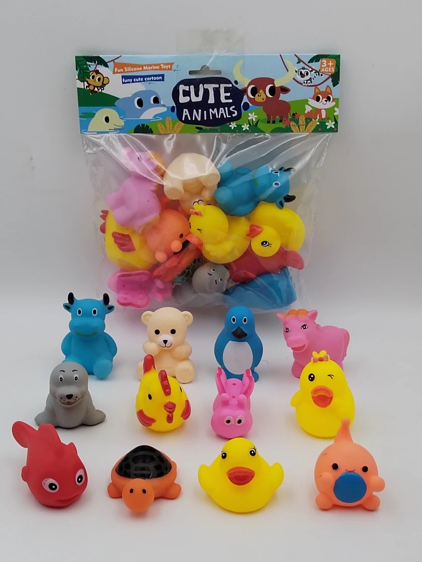 12 Vinyl Bath Animals with BB Whistle, PVC Header Bag