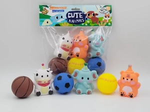 Vinyl 3 Animals & 3 Balls with BB Whistle, Assorted Colors, PVC Header Bag