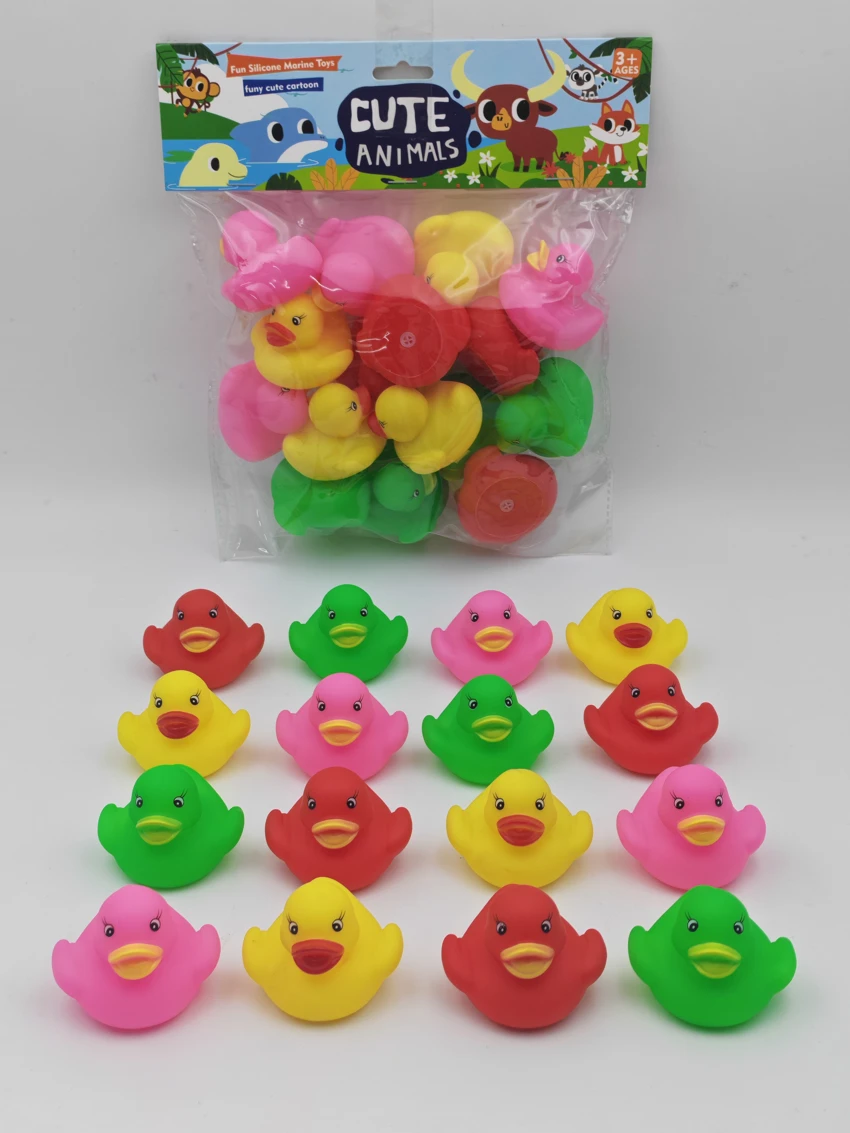 Vinyl 16 Bath Yellow Ducks, Assorted Colors, Squeaky, PVC Header Bag