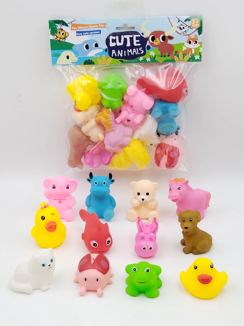 12 Vinyl Bath Animals with BB Whistle, PVC Header Bag