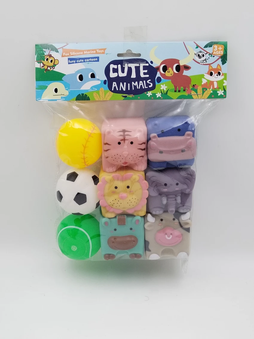 Vinyl 6 Square Animals & 3 Balls with BB Whistle, Assorted Colors, PVC Header Bag