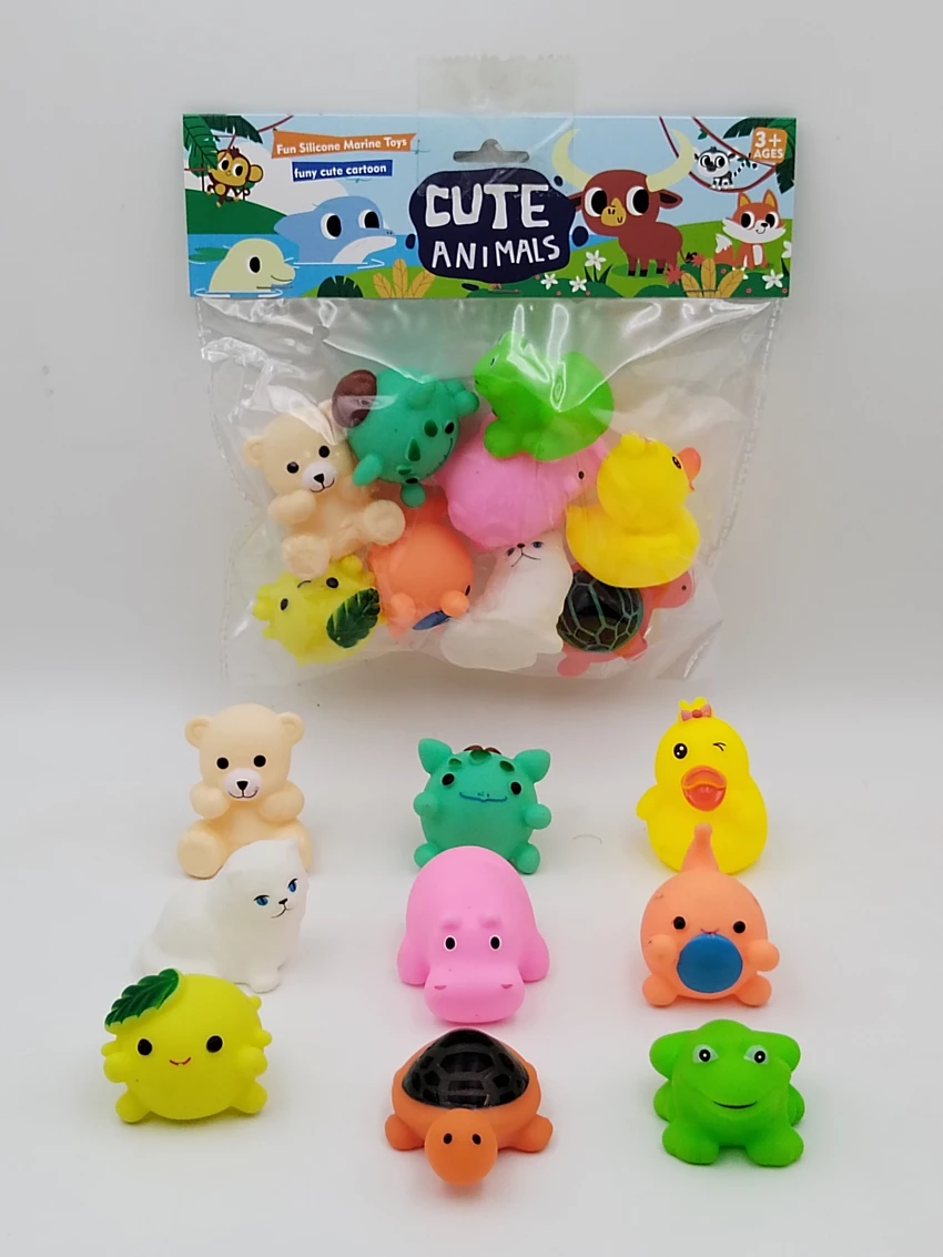 9 Vinyl Bath Animals with BB Whistle, PVC Header Bag
