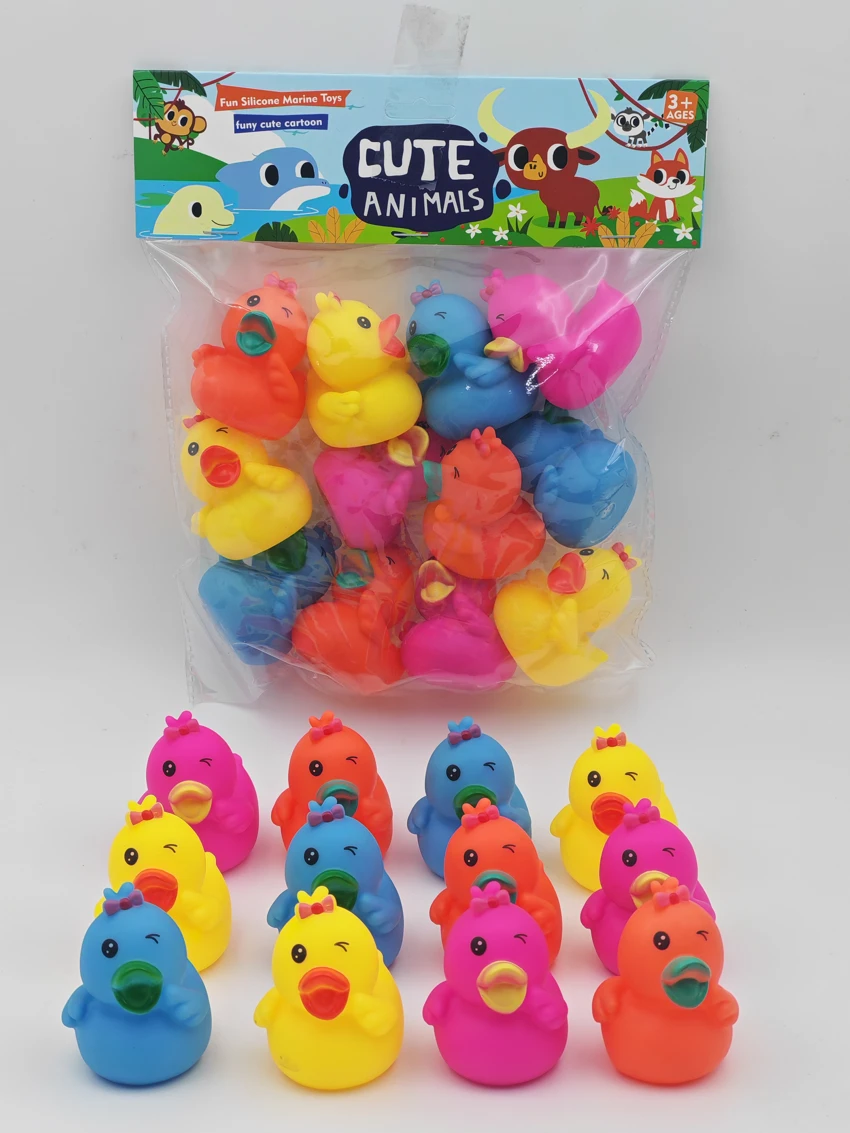 Vinyl 12 Bath Yellow Ducks, Assorted Colors, Squeaky, PVC Header Bag
