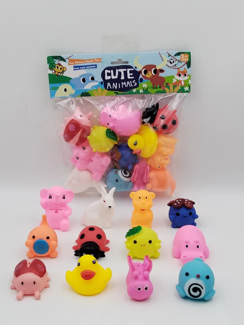 12 Vinyl Bath Animals with BB Whistle, PVC Header Bag