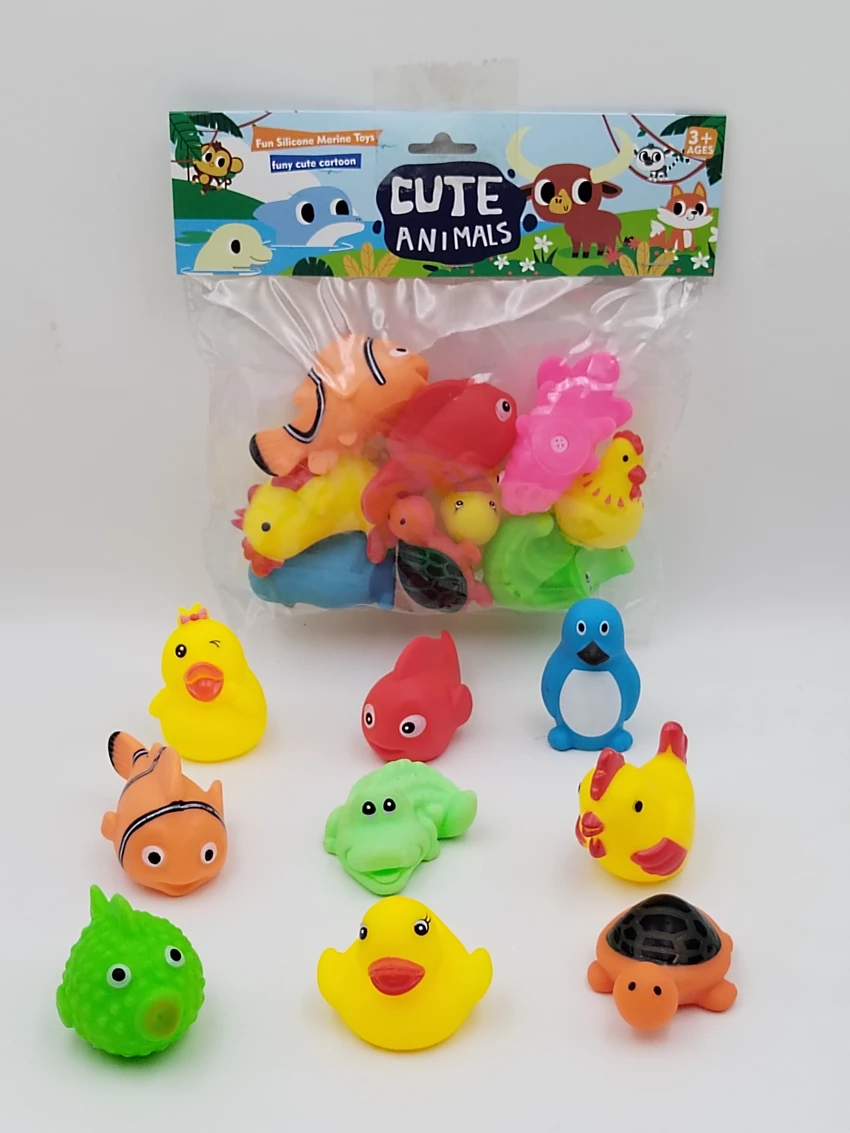 9 Vinyl Bath Animals with BB Whistle, PVC Header Bag
