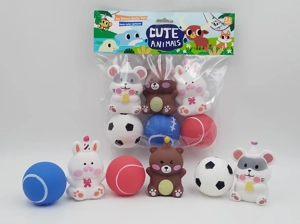 Vinyl 3 Animals & 3 Balls with BB Whistle, Assorted Colors, PVC Header Bag