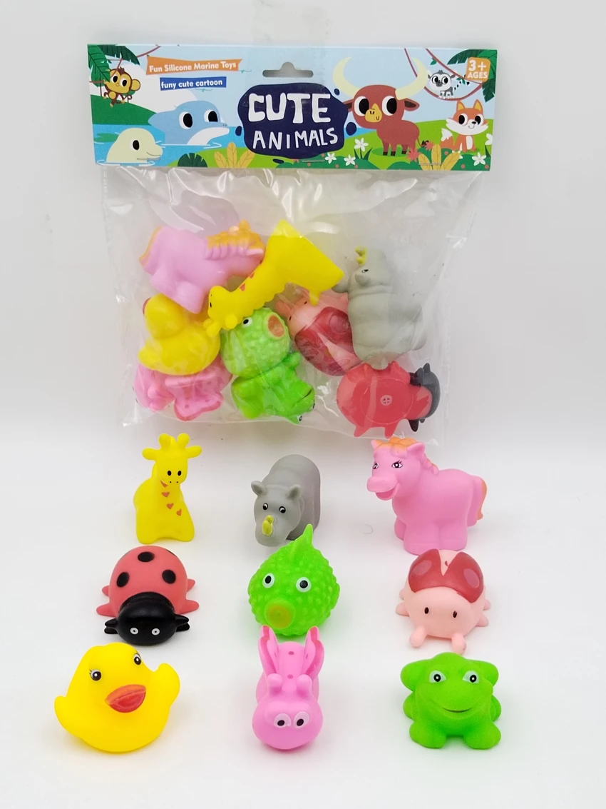 9 Vinyl Bath Animals with BB Whistle, PVC Header Bag