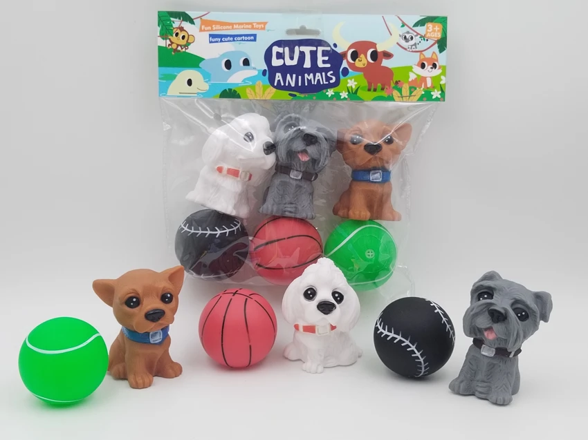 Vinyl 3 Dogs & 3 Balls with BB Whistle, Assorted Colors, PVC Header Bag