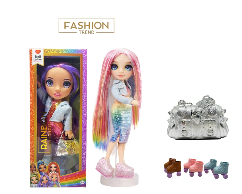 High-end winter series 16-inch vinyl Rainbow High doll with flashing lights, music and theme song, equipped with ice skates and large rainbow handbag