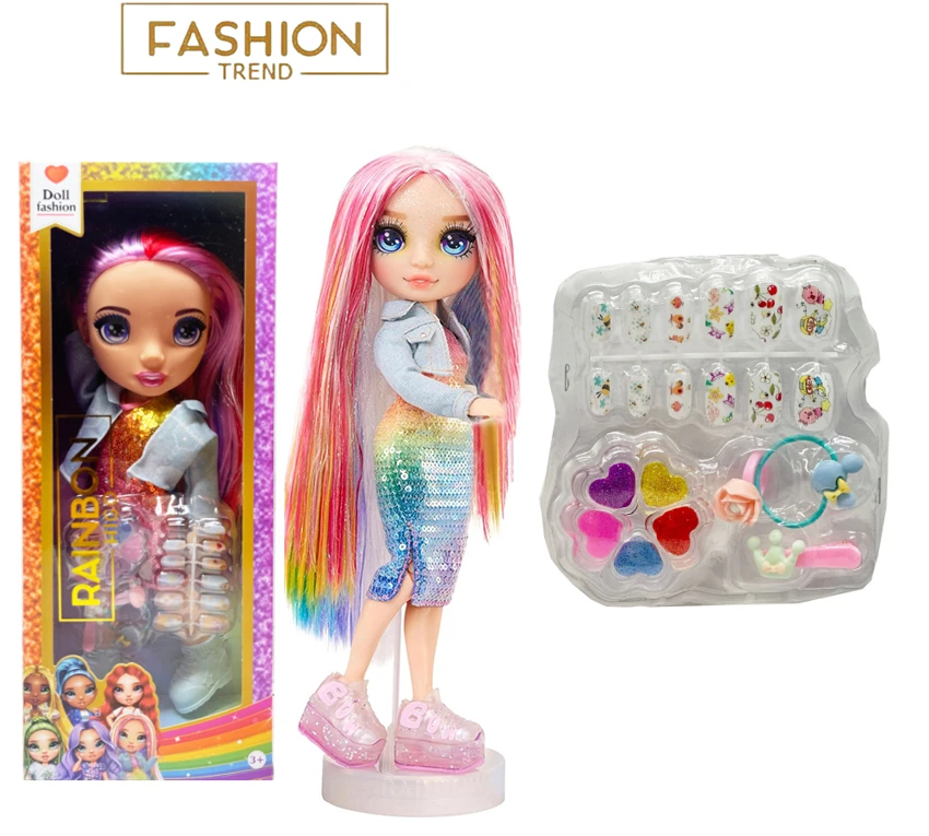 High-end makeup series 16-inch vinyl Rainbow High doll with flashing lights, music and theme song, 5-piece set including manicure tools, hair clips and makeup oil