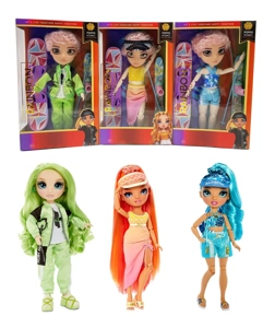 Hadiah musim sejuk premium tema 1 kepada 1 10 inci 12 sendi badan pepejal mata kaca sebenar Rainbow tinggi kejutan pelangi sekolah menengah bayi dengan ski dan set kereta luncur 3 campuran