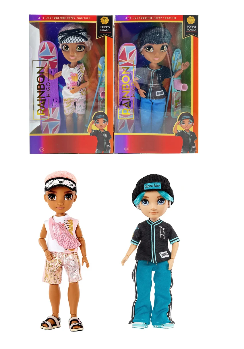 Hadiah musim sejuk premium tema 1 kepada 1 10 inci 12 sendi badan pepejal mata kaca sebenar Rainbow tinggi kejutan pelangi sekolah menengah bayi dengan ski dan set kereta luncur 2 campuran