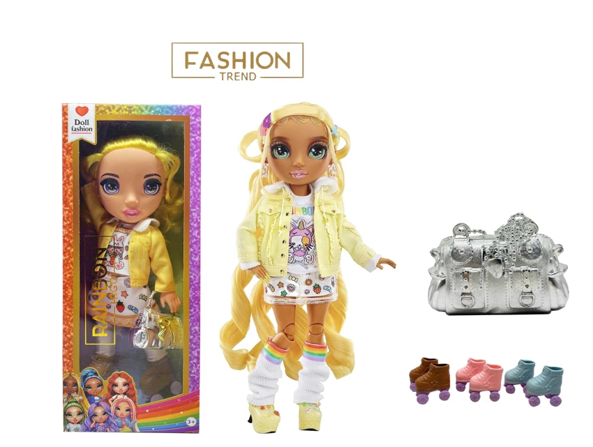 High-end winter series 16-inch vinyl Rainbow High doll with flashing lights, music and theme song, equipped with ice skates and large rainbow handbag