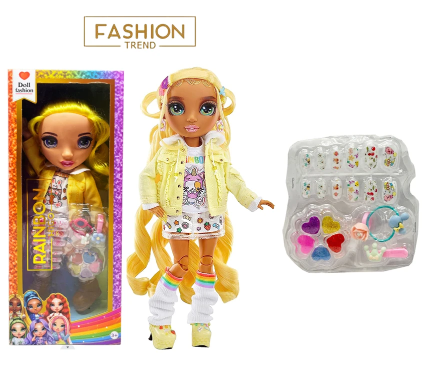 High-end makeup series 16-inch vinyl Rainbow High doll with flashing lights, music and theme song, 5-piece set including manicure tools, hair clips and makeup oil