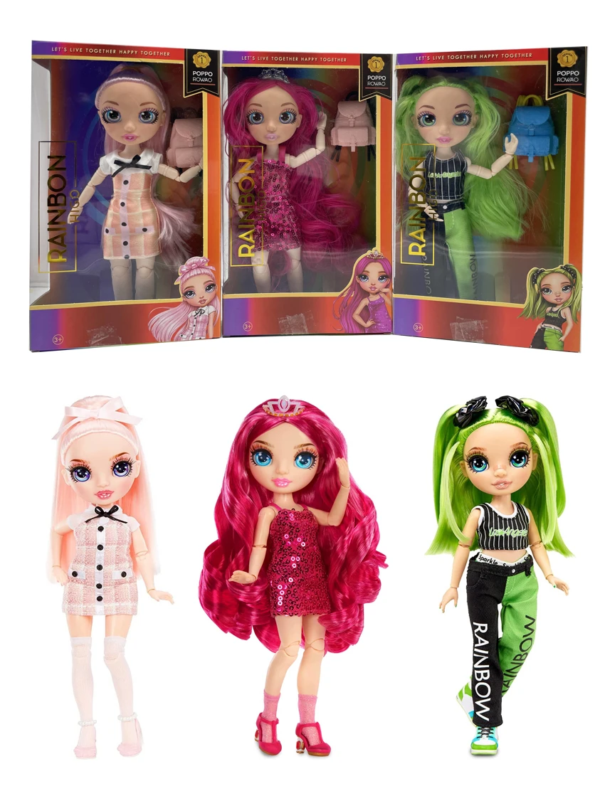 High-end gift theme 1:1 10-inch 12-joint solid body Rainbow High doll with real glass eyes and rainbow schoolbag, 3 styles assorted