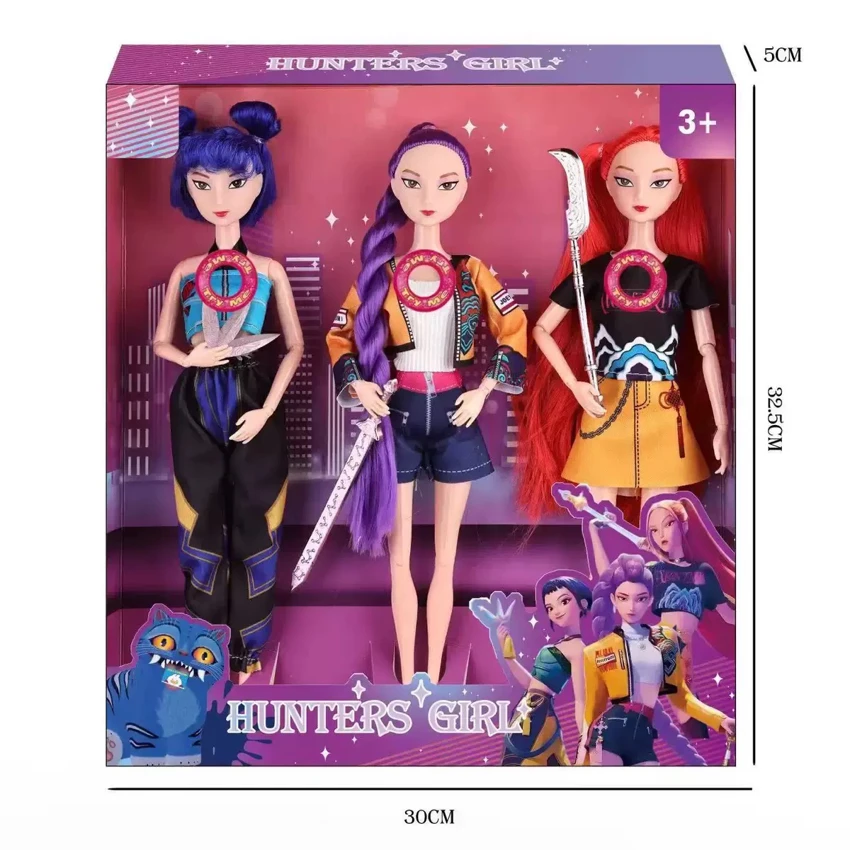 K-POP Huntress Girl Group Live Action Version, 11.5-inch 12-joint solid body Rumi stage performance Barbie with colorful flashing lights, theme song and weapons, 3-character assorted