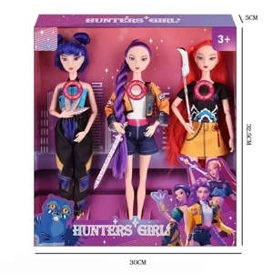 K-POP Huntress Girl Group Live Action Version, 11.5-inch 12-joint solid body Rumi stage performance Barbie with colorful flashing lights, theme song and weapons, 3-character assorted