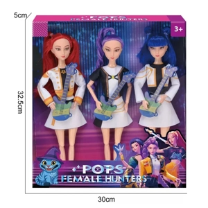 K-POP Huntress Girl Group Live Action Version, 11.5-inch 12-joint solid body singing Barbie of Rumi, Zoe and Mira with guitar, 3-character assorted