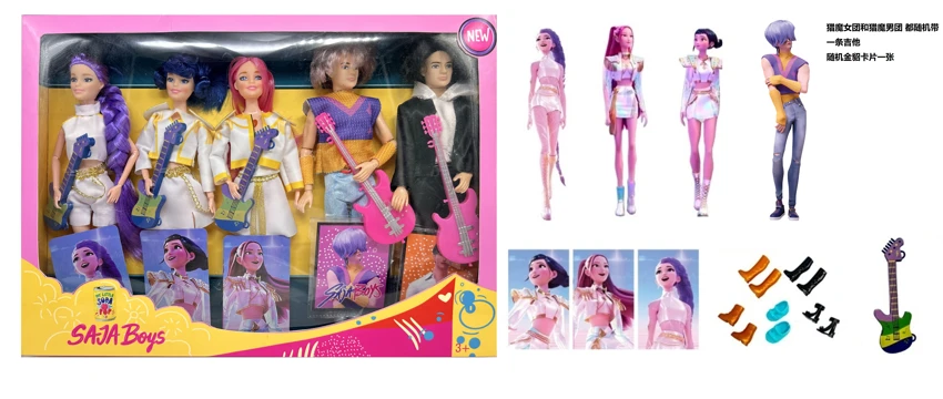 1 ke 1 K-POP Pemburu Iblis Kumpulan lelaki hidup 11.5 inci 11 sendi Pemburu Iblis Kumpulan lelaki vs Pemburu Iblis Kumpulan wanita 5 orang campuran dengan gitar dengan kad