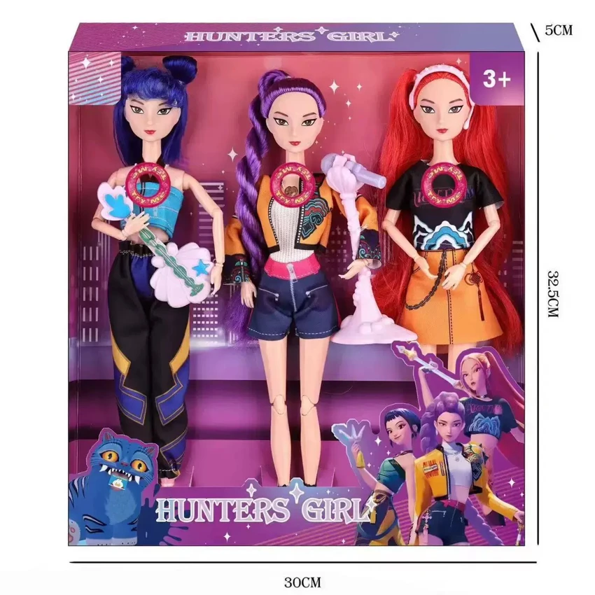 K-POP Huntress Girl Group Live Action Version, 11.5-inch 12-joint solid body Rumi stage performance Barbie with colorful flashing lights, theme song and singing microphone, 3-character assorted