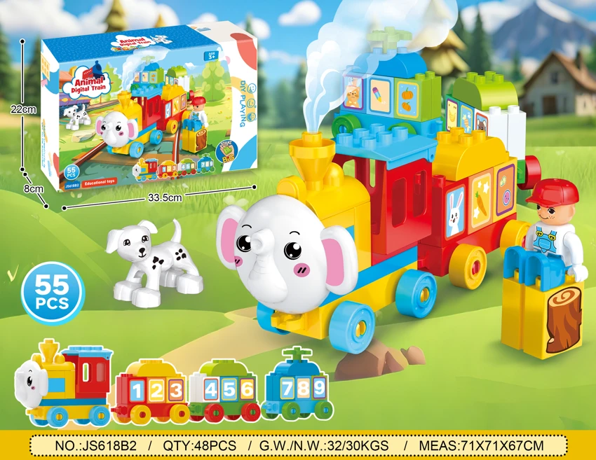 Animal Number Train Track Large Particle Building Blocks Compatible with Lego DIY Assembled Educational Stress Relief Pretend Play Cartoon Toy 55PCS
