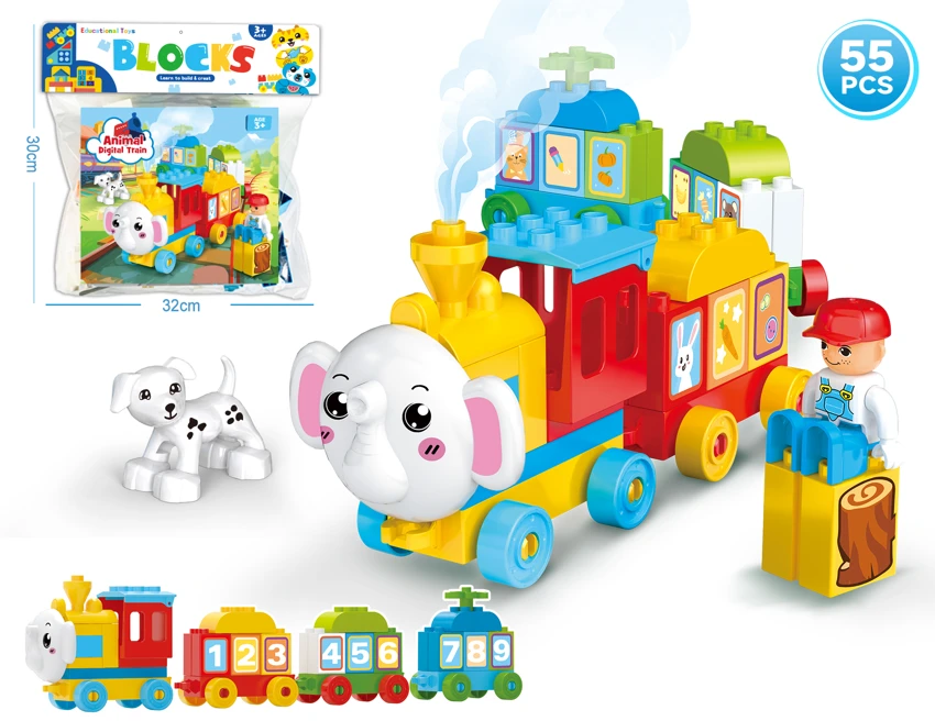 Animal Number Train Track Large Particle Building Blocks Compatible with Lego DIY Assembled Educational Stress Relief Pretend Play Cartoon Toy 55PCS