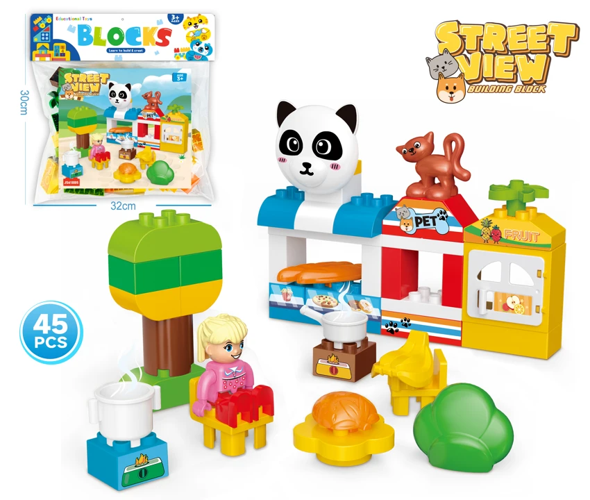 Panda City Square Pet Shop & Fruit Shop Large Particle Building Blocks Compatible with Lego DIY Assembled Educational Stress Relief Pretend Play Cartoon Toy 45PCS