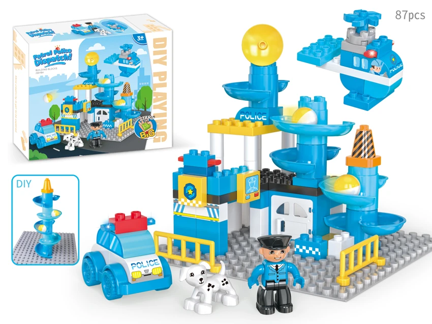 Police Station Patrol Ball Slide Large Particle Building Blocks Compatible with Lego Kids Desktop Stacking Educational Toy 87PCS