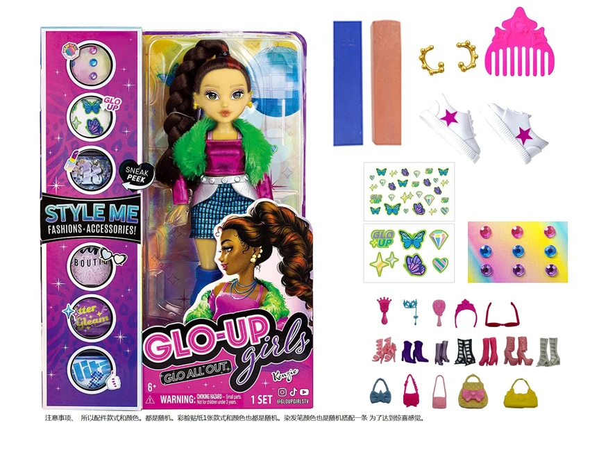 GLO-UP GIRLS 10 inci 12 sendi kejutan padat fesyen anak patung dengan krim pewarna dan 5 aksesori kejutan Penerangan ciri [Rambut boleh dicelup. dan muka yang lain. Jari-jari anda boleh diletakkan dengan pelekat warna yang berbeza