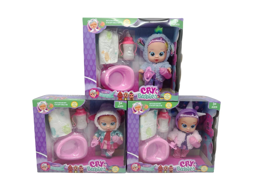10' Vinyl Crying Doll with Hair, Drinking & Real Tear-Shedding Function, 4-Tone Music (DAD, Mother, Angry, Cry), with Pacifier, Feeding Bottle, Bathtub and Diaper Accessories, 3 Styles Assorted