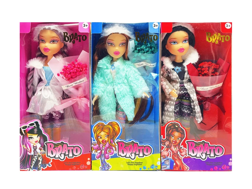 OMG BRATZ รองเท้าบูท   ฤดูหนาวคอลเลคชั่น 10 นิ้วเท้าขนาดใหญ่ต้นขาของแข็งตุ๊กตาหัวใหญ่ที่มีช่อดอกไม้จริง