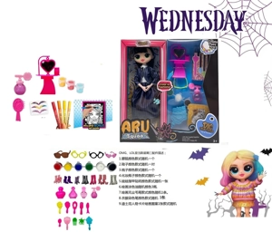 [Non-Infringing Packaging] Wednesday Addams OMG LOL Surprise Doll 10" 12-Joint Solid Body Series with 9 Different DIY Surprise Accessories (Doll hair can be dyed in different colors, clothes can be colored)