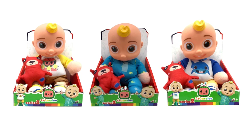 10 Inch Vinyl Head Cotton Body Cocomelon Super Baby with 4 Different Theme Songs and Christmas Music 3 Styles Animal Clothes COCO Assorted with Cotton-filled Bear
