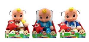 10 Inch Vinyl Head Cotton Body Cocomelon Super Baby with 4 Different Theme Songs and Christmas Music 3 Styles Animal Clothes COCO Assorted with Cotton-filled Bear