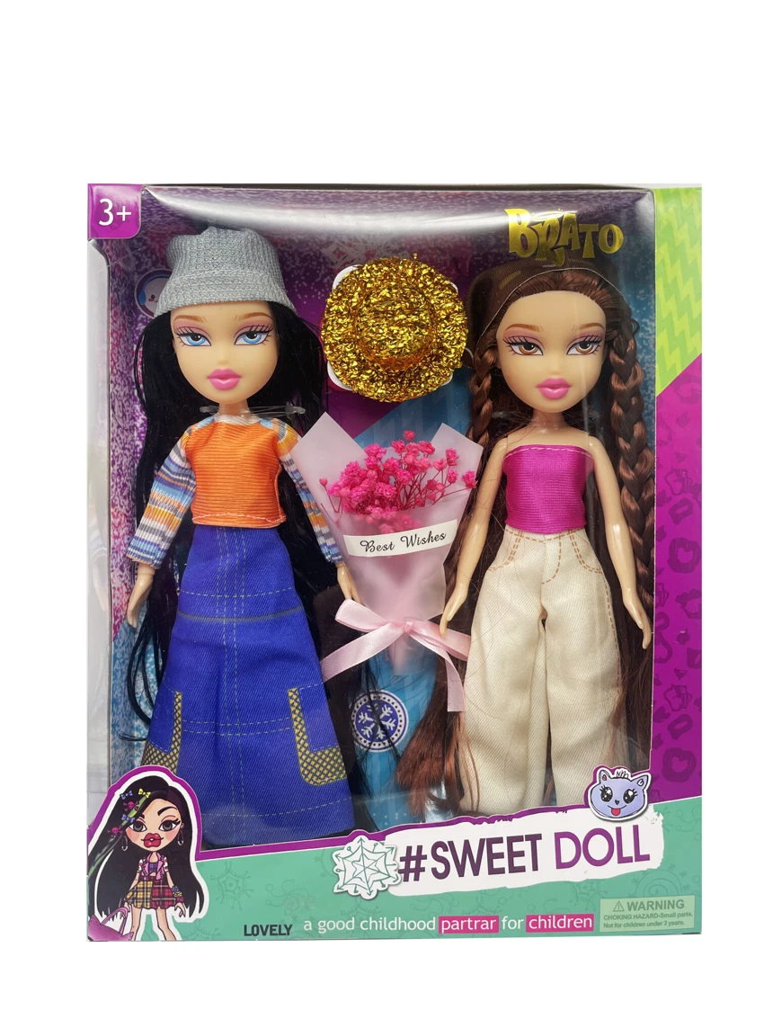 OMG BRATZ Summer Series 10' Solid Plush Big-Head Bratz Doll Twin Pack with Big Feet & Thighs, Gold Fur and Bouquet of Real Flowers