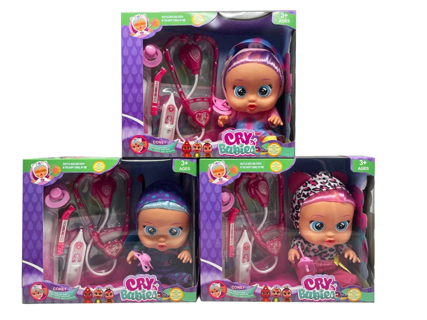 14' Vinyl Crying Doll with Hair, Drinking & Real Tear-Shedding Function, 4-Tone Music (DAD, Mother, Angry, Cry), with Pacifier, Feeding Bottle and Stethoscope Set Assorted