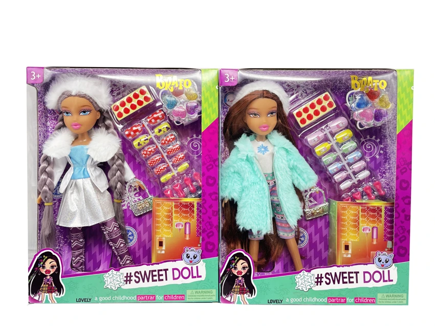 OMG BRATZ รองเท้าบูท   ฤดูหนาวชุด 10 นิ้วเท้าขนาดใหญ่ต้นขาของแข็งตุ๊กตาหัวใหญ่ที่มีชุดเล็บจริงน้ํามันเครื่องสําอาง, ถุงเพชร