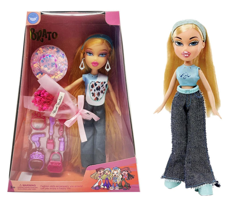 OMG BRATZ รองเท้าบูท   ชุดฤดูร้อน 10 นิ้วเท้าขนาดใหญ่ต้นขาทึบหัวใหญ่ตุ๊กตา กับหมวกกับดอกไม้จริง 8 ชิ้นชุดเครื่องสําอาง