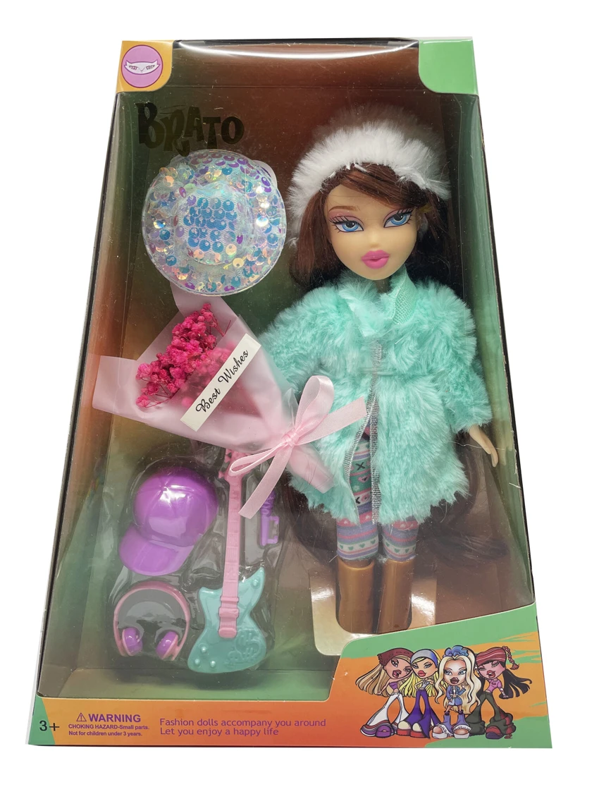 OMG BRATZ Winter Series 10' Solid Plush Big-Head Bratz Doll with Big Feet & Thighs, Balloon, 4-Piece Rock Set and Real Flower