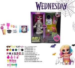 Adam's Wednesday OMG LOL kejutan anak patung 10 inci 12 sendi siri badan pepejal dengan 9 aksesori kejutan DIY yang berbeza [Rambut anak patung boleh ditambah warna yang berbeza, pakaian boleh ditambah warna,]