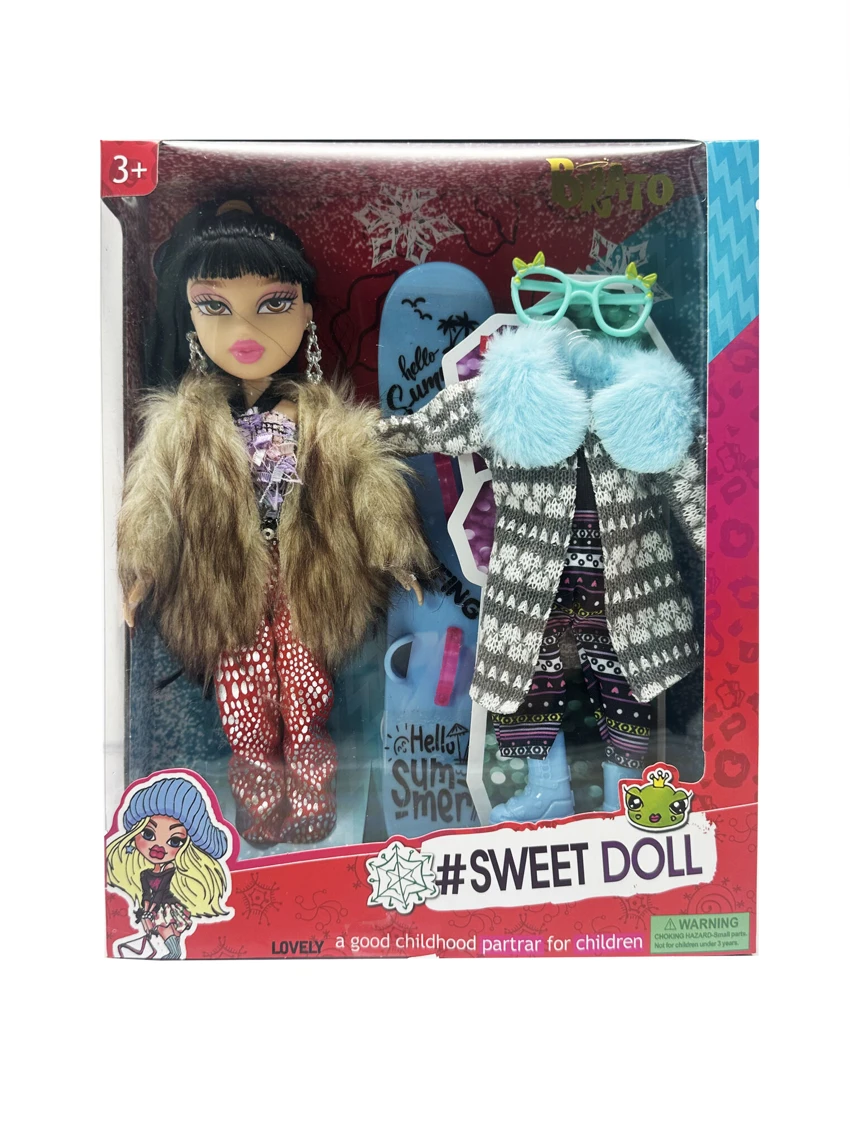 OMG BRATZ (Bratz)   Siri musim sejuk 10 inci kaki besar paha padat berbulu kepala besar anak patung Beez dengan set skating dengan pakaian berbulu