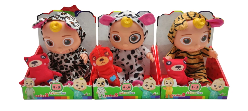 10 Inch Vinyl Cocomelon Super Baby with 4 Different Theme Songs and Christmas Music 3 Styles Animal Clothes COCO Assorted with Cotton-filled Bear