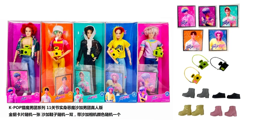 1:1 K-POP Demon Hunting Boy Group Live-action Version 11.5 Inch 11 Joints Solid Body 5 People Demon Hunting Boy Group with One Golden Mink Card and Demon Hunting Camera